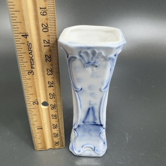 Antique 1920s German Porcelain Bud Vase Toothpick Holder Blue Sailing Boat VTG - Picture 3 of 13